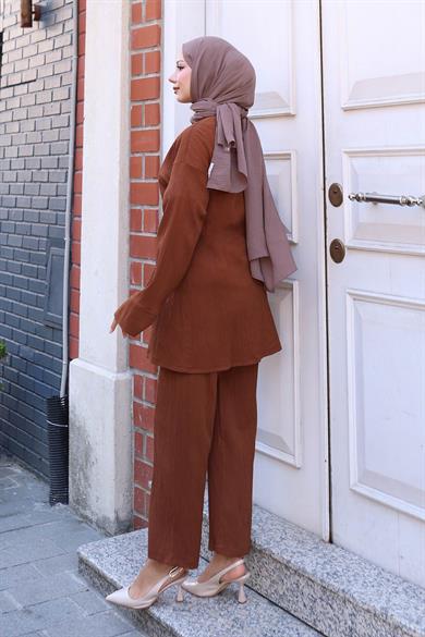 Bağlama Detaylı Kimono Takım Kahverengi