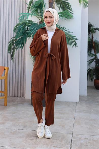 Bağlama Detaylı Kimono Takım Kahvevengi 1225
