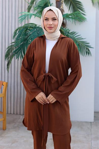 Bağlama Detaylı Kimono Takım Kahvevengi 1225