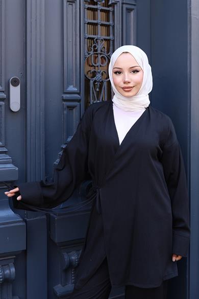 Bağlama Detaylı Kimono Takım Siyah
