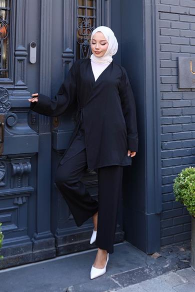 Bağlama Detaylı Kimono Takım Siyah