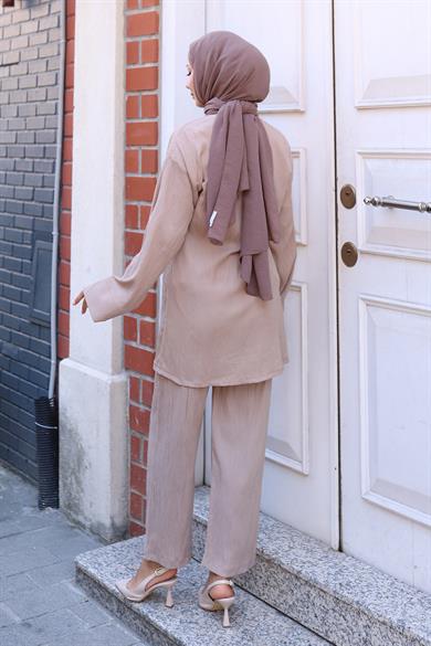 Bağlama Detaylı Kimono Takım Vizon