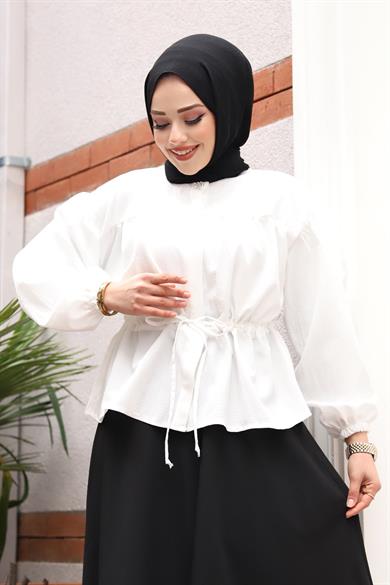 Bronş Detaylı Tesettür Beyaz Takım 