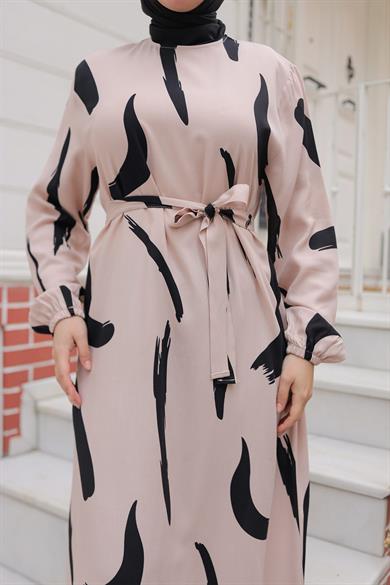 Büyük Fırça Desenli Viskon Elbise Bej