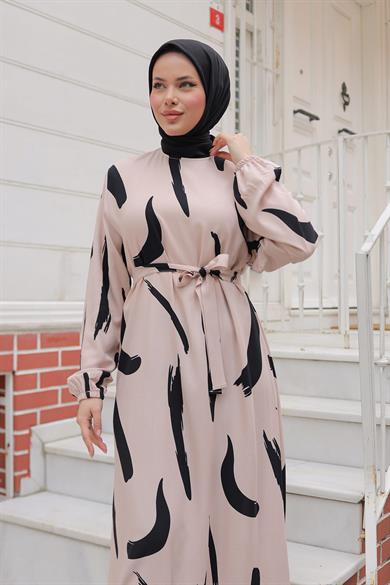 Büyük Fırça Desenli Viskon Elbise Bej