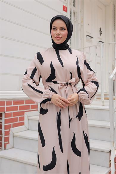 Büyük Fırça Desenli Viskon Elbise Bej