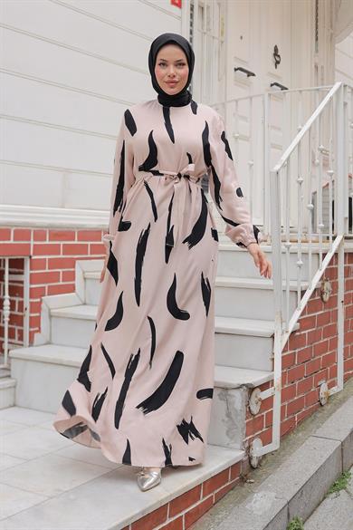 Büyük Fırça Desenli Viskon Elbise Bej