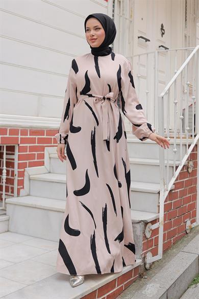 Büyük Fırça Desenli Viskon Elbise Bej