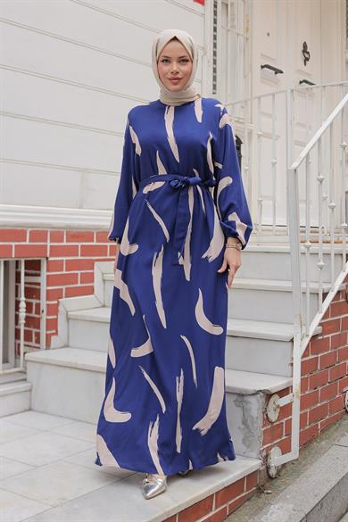 Büyük Fırça Desenli Viskon Elbise İndigo