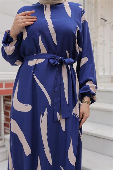 Büyük Fırça Desenli Viskon Elbise İndigo