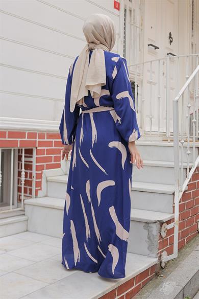 Büyük Fırça Desenli Viskon Elbise İndigo