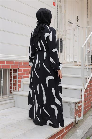 Büyük Fırça Desenli Viskon Elbise Siyah