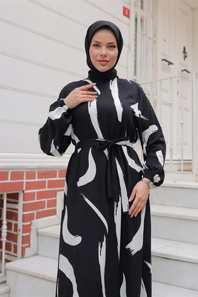 Büyük Fırça Desenli Viskon Elbise Siyah