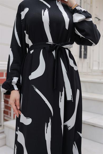 Büyük Fırça Desenli Viskon Elbise Siyah