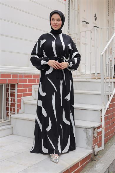 Büyük Fırça Desenli Viskon Elbise Siyah