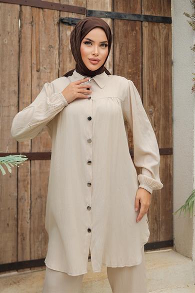 Büzgü Detaylı Tesettür Bej Takım 