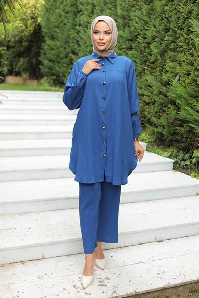 Büzgü Detaylı Tesettür İndigo Takım 