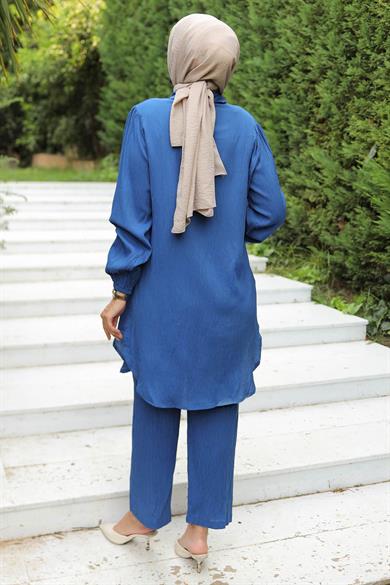 Büzgü Detaylı Tesettür İndigo Takım 