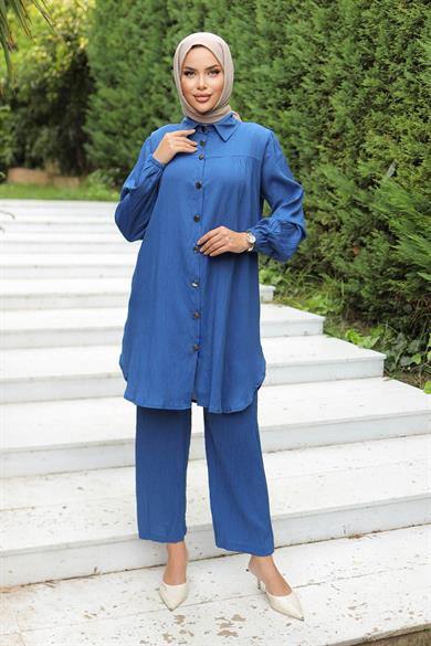 Büzgü Detaylı Tesettür İndigo Takım 