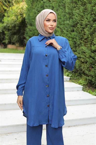 Büzgü Detaylı Tesettür İndigo Takım 
