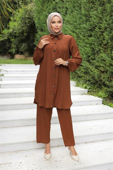 Büzgü Detaylı Tesettür Kahverengi Takım 