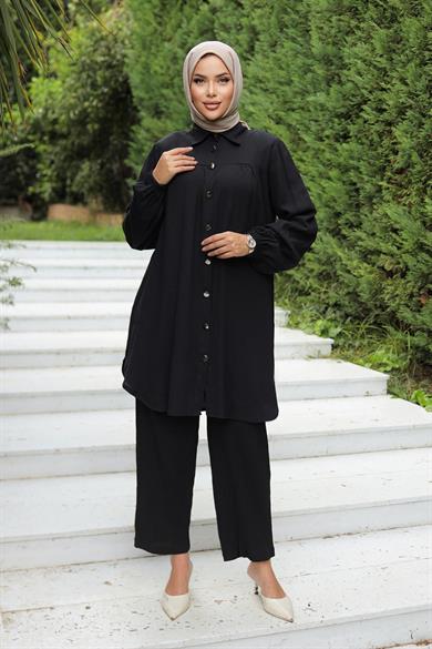 Büzgü Detaylı Tesettür Siyah Takım 
