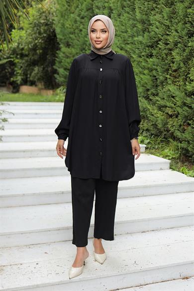 Büzgü Detaylı Tesettür Siyah Takım 