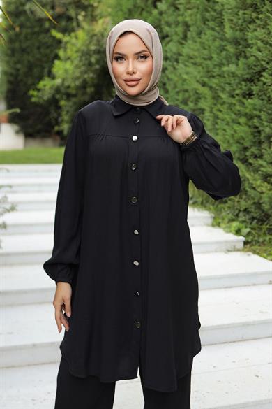 Büzgü Detaylı Tesettür Siyah Takım 