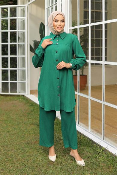 Büzgü Detaylı Tesettür Yeşil Takım 
