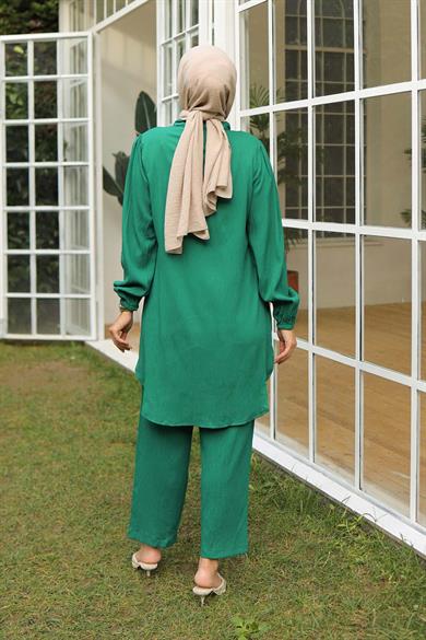 Büzgü Detaylı Tesettür Yeşil Takım 