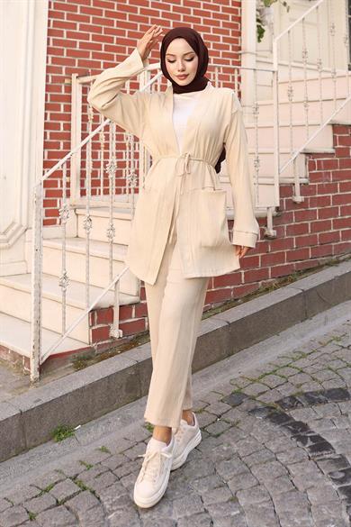 Cep Detaylı Kimono Takım Bej