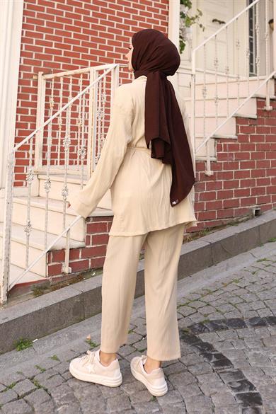 Cep Detaylı Kimono Takım Bej