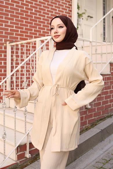 Cep Detaylı Kimono Takım Bej