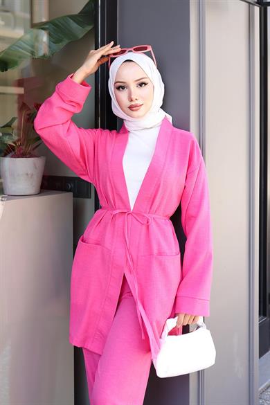 Cep Detaylı Kimono Takım Fuşya