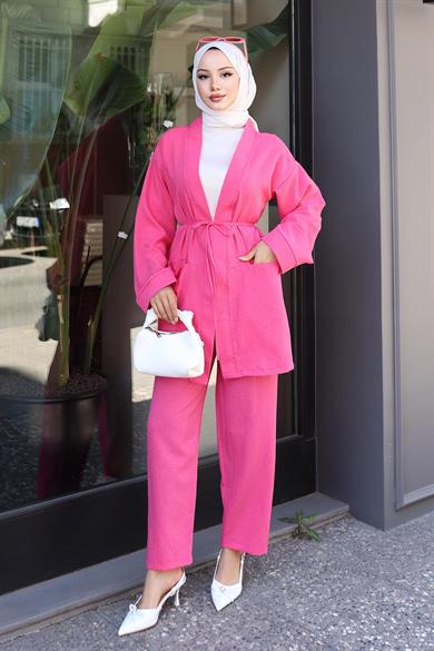 Cep Detaylı Kimono Takım Fuşya