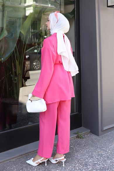 Cep Detaylı Kimono Takım Fuşya