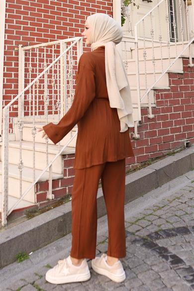 Cep Detaylı Kimono Takım Kahverengi