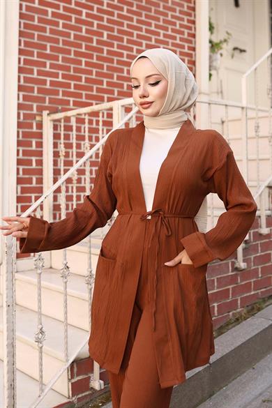 Cep Detaylı Kimono Takım Kahverengi
