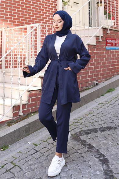 Cep Detaylı Kimono Takım Lacivert