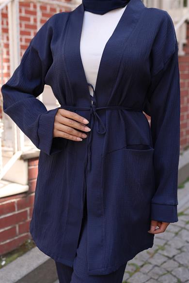 Cep Detaylı Kimono Takım Lacivert