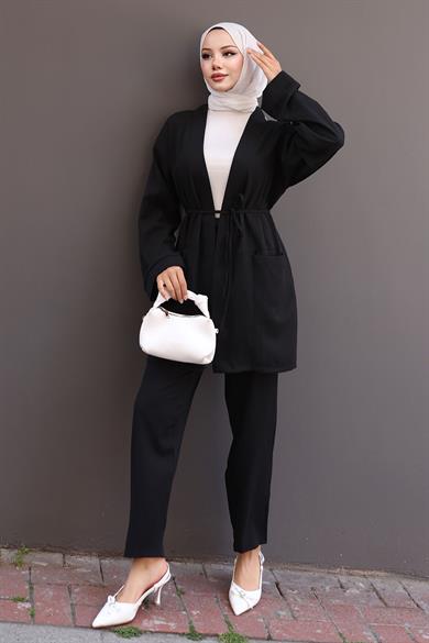 Cep Detaylı Kimono Takım Siyah