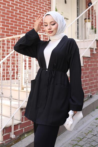 Cep Detaylı Kimono Takım Siyah