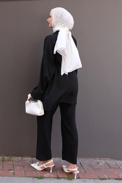 Cep Detaylı Kimono Takım Siyah