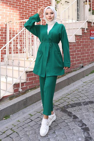 Cep Detaylı Kimono Takım Yeşil