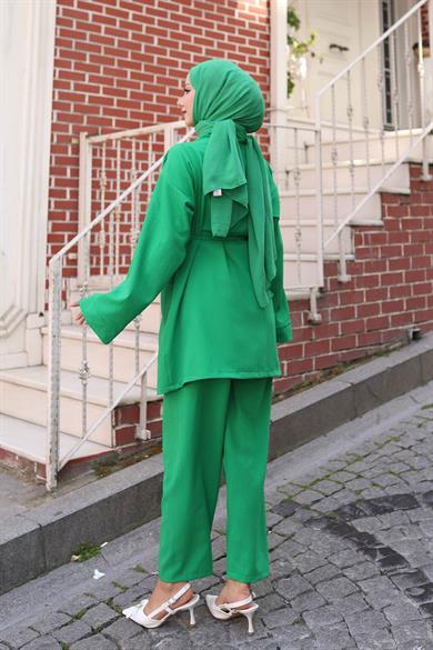 Cep Detaylı Kimono Takım Zümrüt