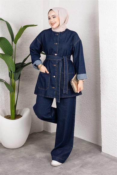 Cep Detaylı Kot Takım Koyu Mavi
