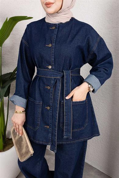 Cep Detaylı Kot Takım Koyu Mavi