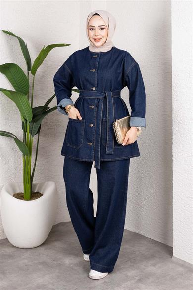 Cep Detaylı Kot Takım Koyu Mavi