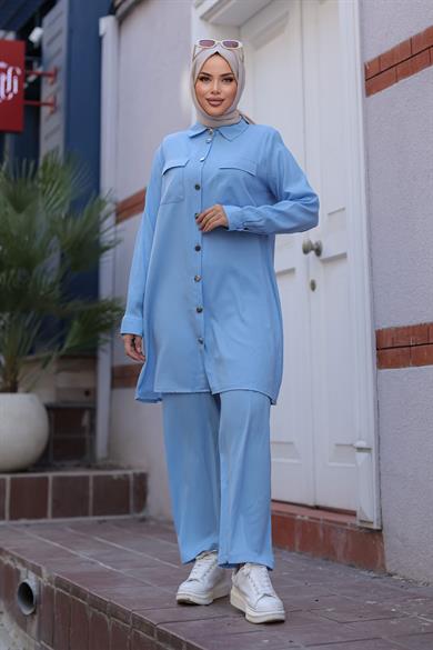 Cep Detaylı Tesettür Bebe Mavisi Takım