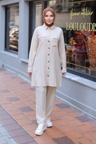 Cep Detaylı Tesettür Bej Takım 